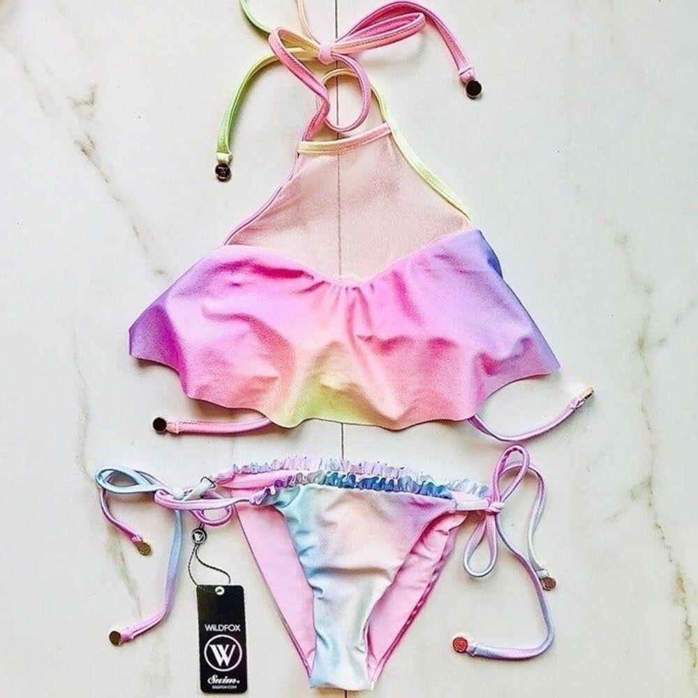 NWT Wildfox Rainbow Tye Dye Ruffle Mesh Bikini